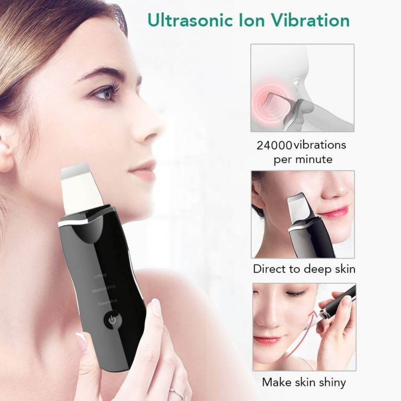 A - Black Ultrasonic Facial scrubber face spatula cleansing device blackhead remover