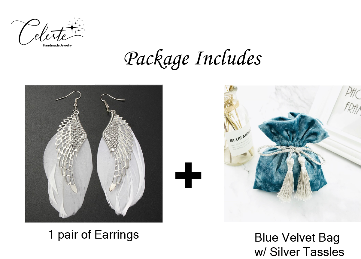 Z - Angel Feather Earrings Silver Real Feathers Bohemian Handmade  Long Drop Earrings Jewelry Gift