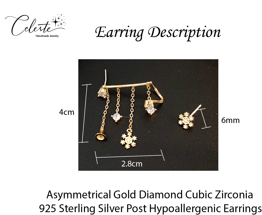 E - Gold Bell Tassel Asymmetrical Crystal Earrings Dangle Drop Diamond Cubic Zirconia 925 Sterling Silver Earring Gift