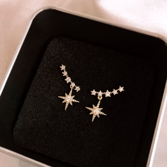 K - Star Burst Earrings Stars Crystal Gold 925 Sterling Silver Post Dainty Gift