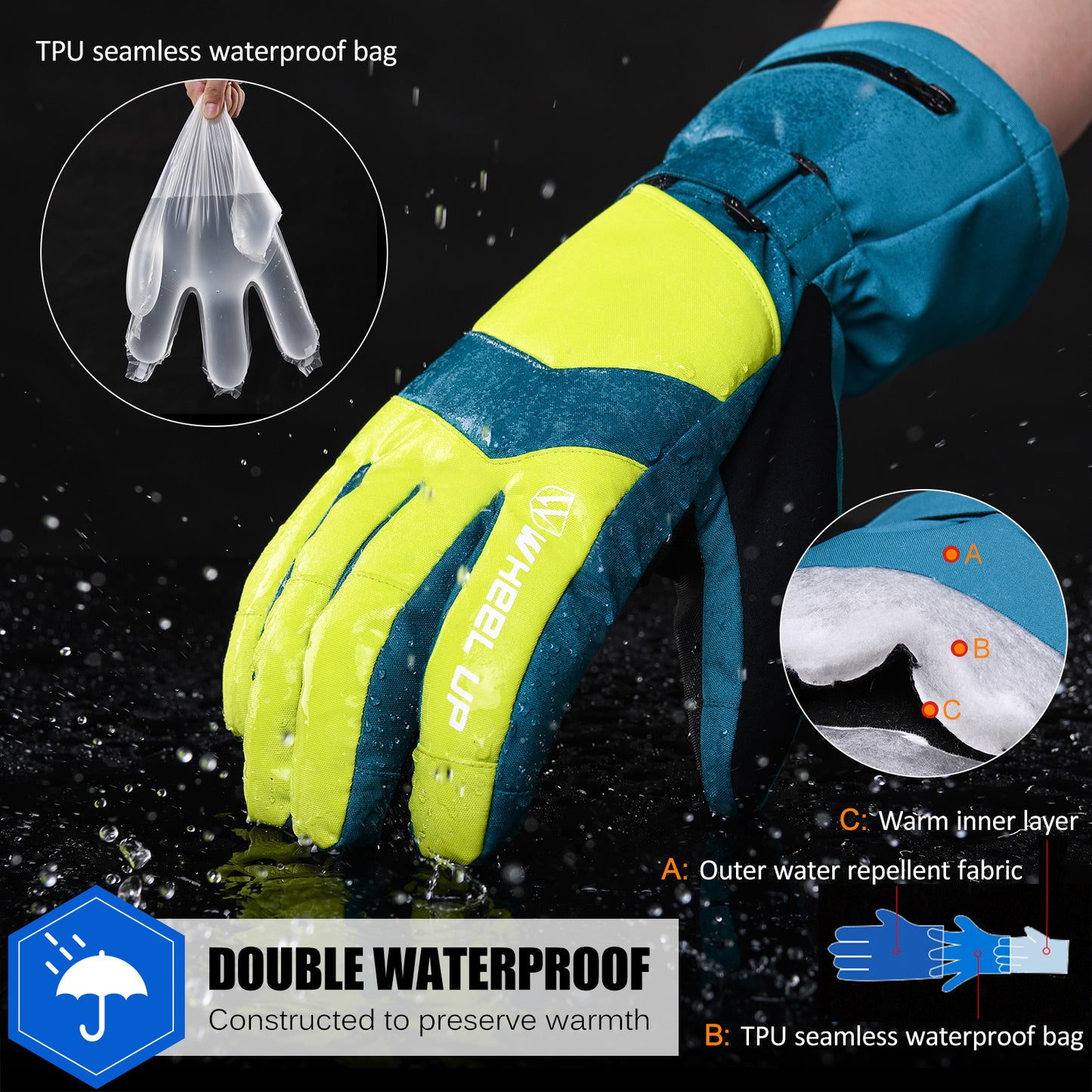 WHEEL UP Winter Gloves Waterproof Windproof Gloves Warm Snowboard Gloves Ski Gloves Bicycle Gloves for Adult