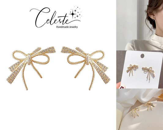 A - Bow Knot Crystal Rhinstone Earrings 925 Sterling Silver Post Gold Dainty Earring Jewellery Gift