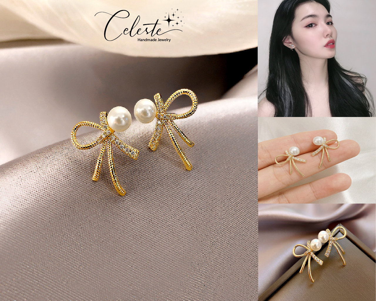 H - Gold Crystal Bow Tie Pearl Earrings Chic 925 Sterling Silver Post Needle Stud