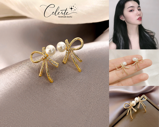 H - Gold Crystal Bow Tie Pearl Earrings Chic 925 Sterling Silver Post Needle Stud