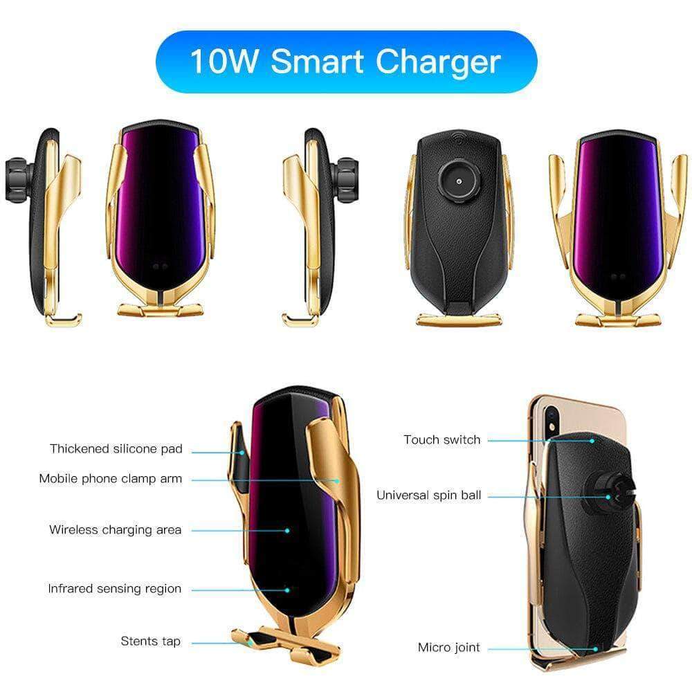 K - Wireless Car Phone Holder Charger Automatic Clamping Mount Charger Gold Black Silver