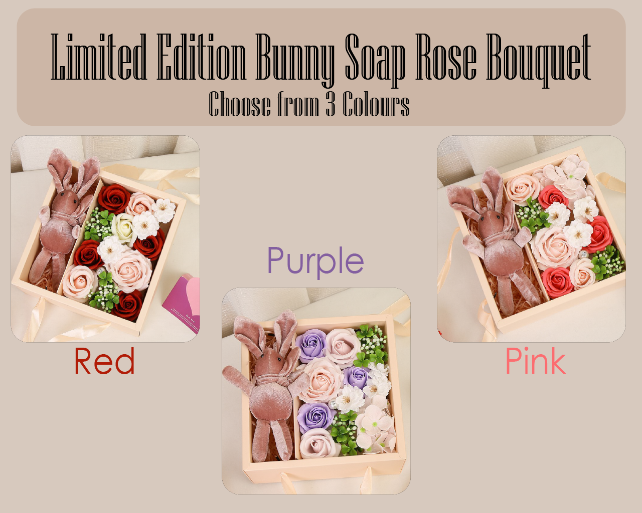 Handmade Velvet Bunny Soap Rose Bouquet Teddy Bear Rabbit Gift Box Pink Red Purple Gifts