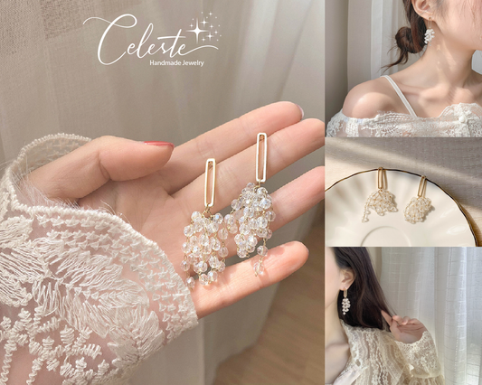 H - Gold Beaded Tassel 925 Sterling Silver Earrings Designer Crystal Drop Earrings Jewelry Gift Women