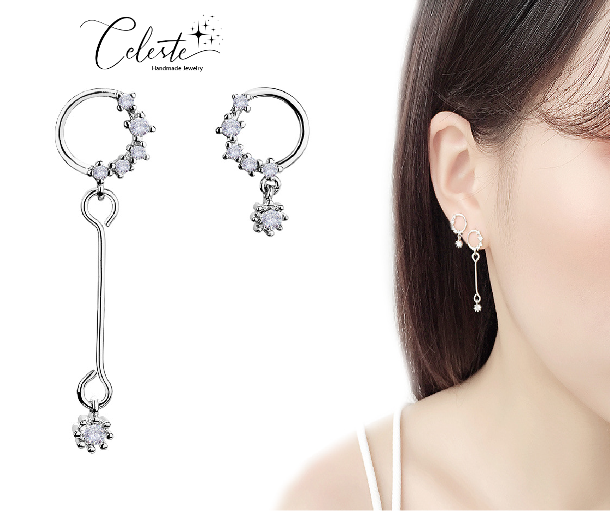H - Diamond Moon & Stars Cubic Zirconia Asymmetrical Earrings 925 Sterling Silver Hypoallergenic Earring Gift