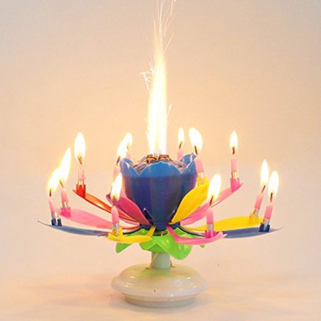 Pink Lotus Birthday Candle Musical Rotating Singing Music Happy BDay Flower Light Candles