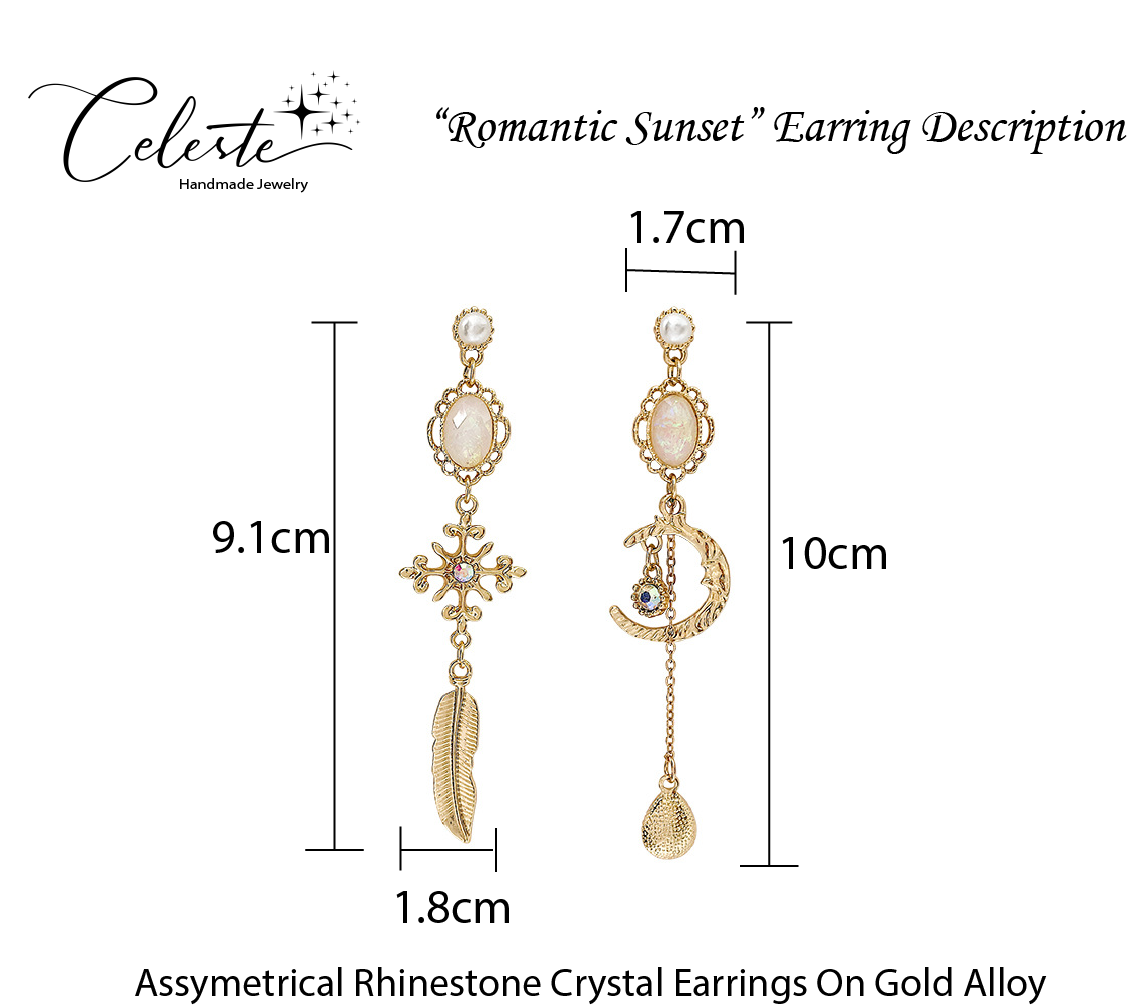 J - Asymmetrical Celestial Crystal Earrings Moon Stars Gold Alloy Rhinestone Fashion Earring Gift