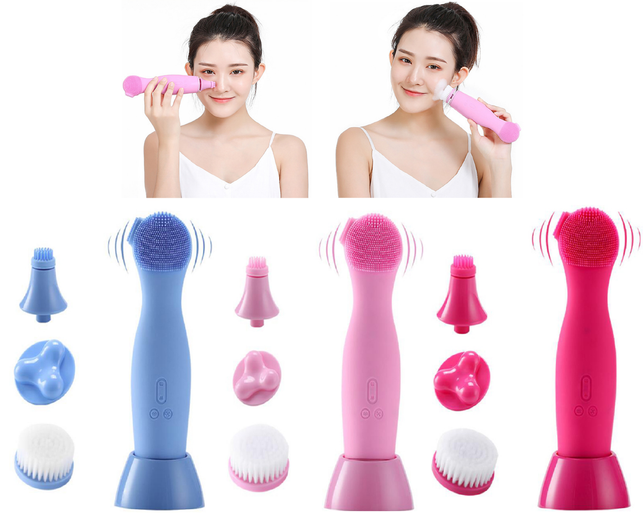 A - 6 in 1 Facial Cleansing Device Brush Set Rechargeable Spa Skin Care Exfoliator Pink Blue