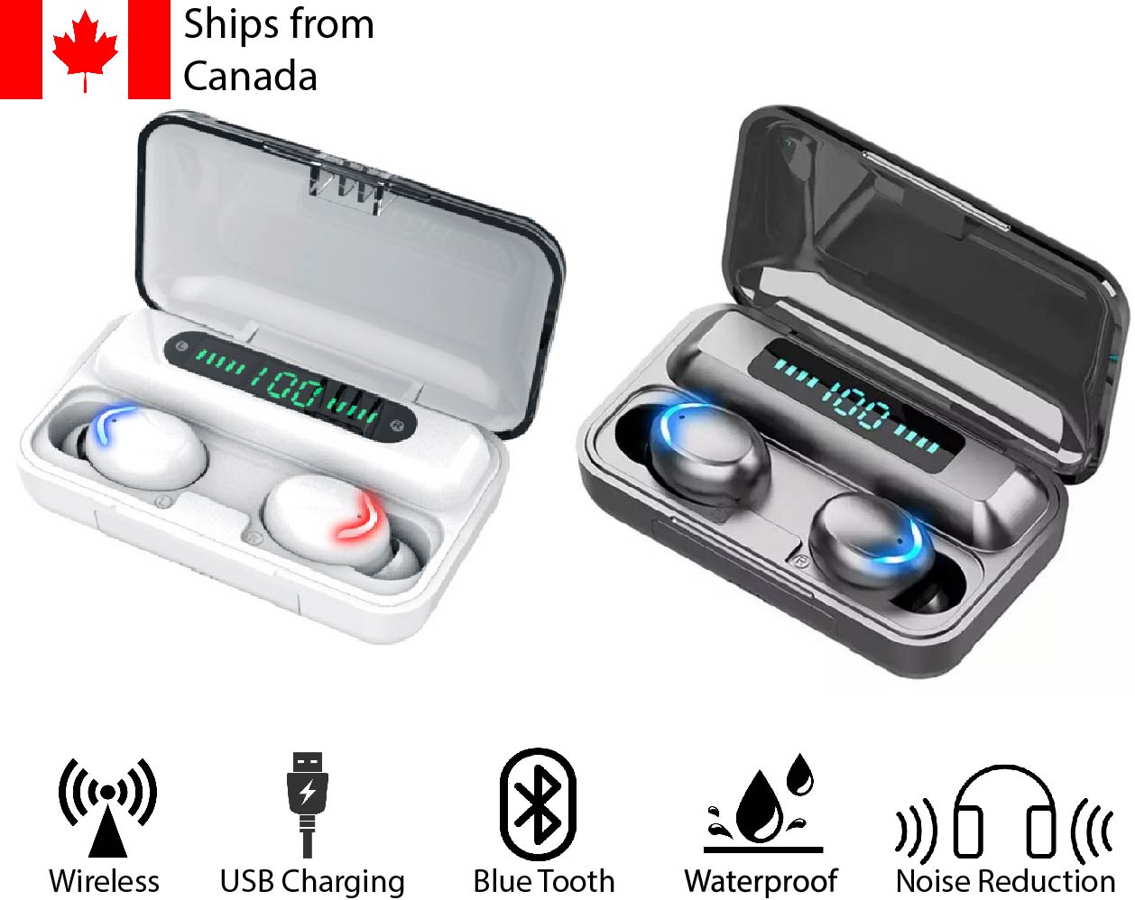 H - True Wireless Earphone Bluetooth TWS Black White earbud phone rechargeable head phone case White Black LED light