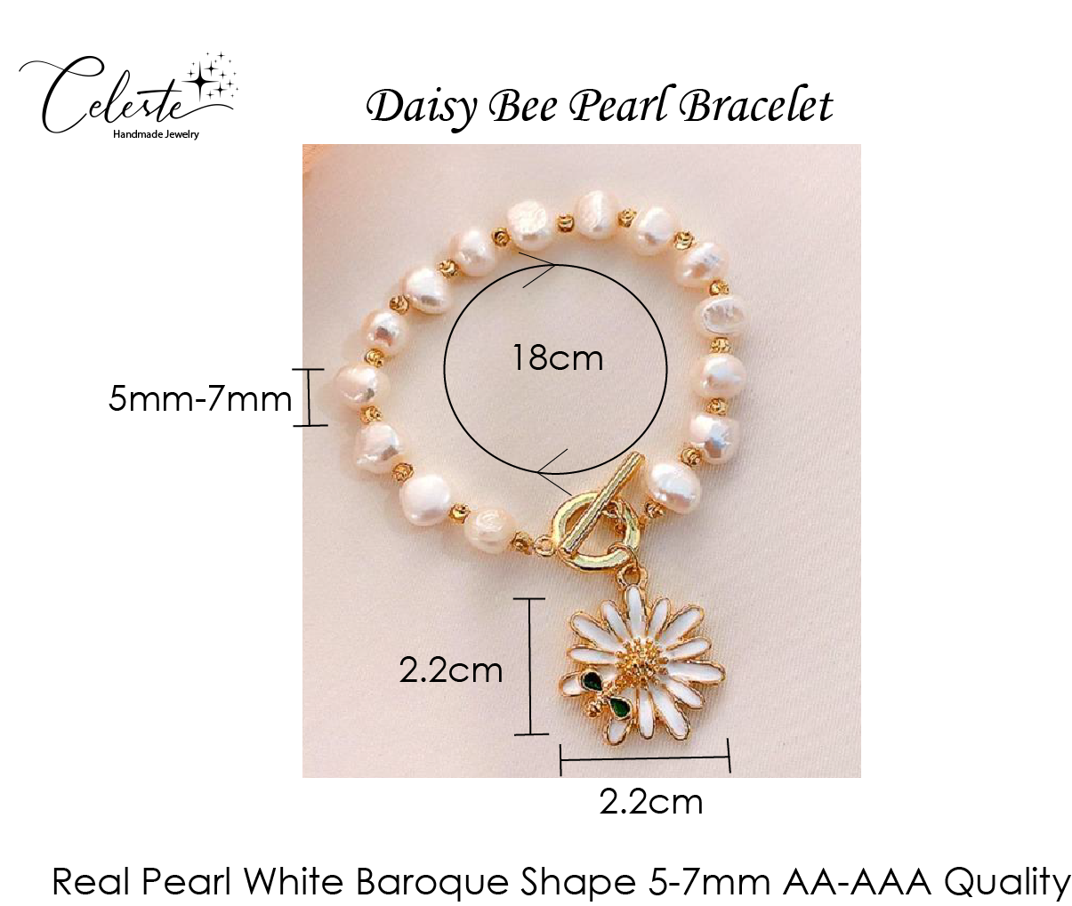 PL - Daisy Bee Charm Real Fresh Water Pearl Diamond Crystal Cubic Zirconia Gold bead Bracelet Gift