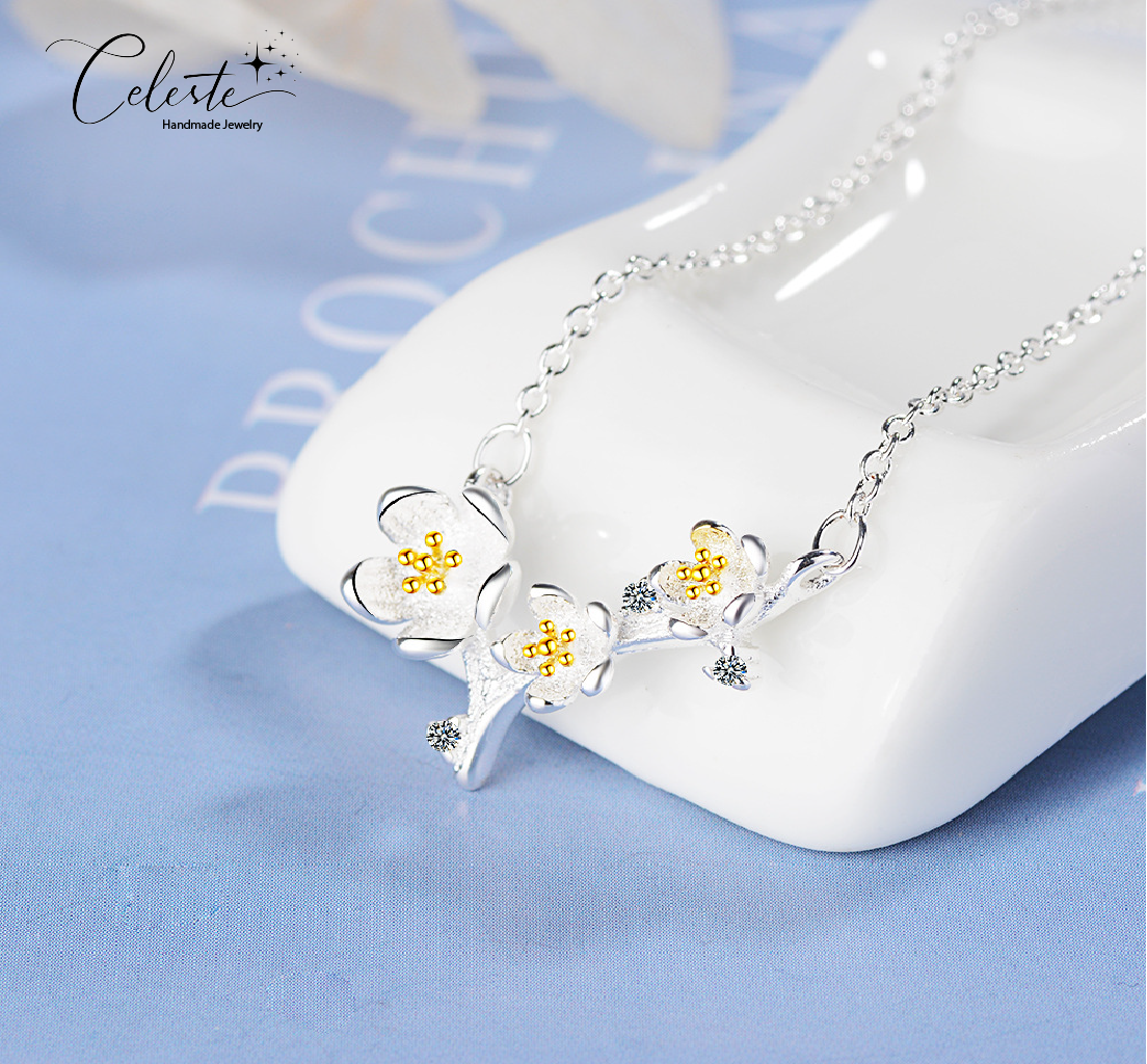 I - Cherry Blossom Flower on Branch 925 Sterling Silver Necklace