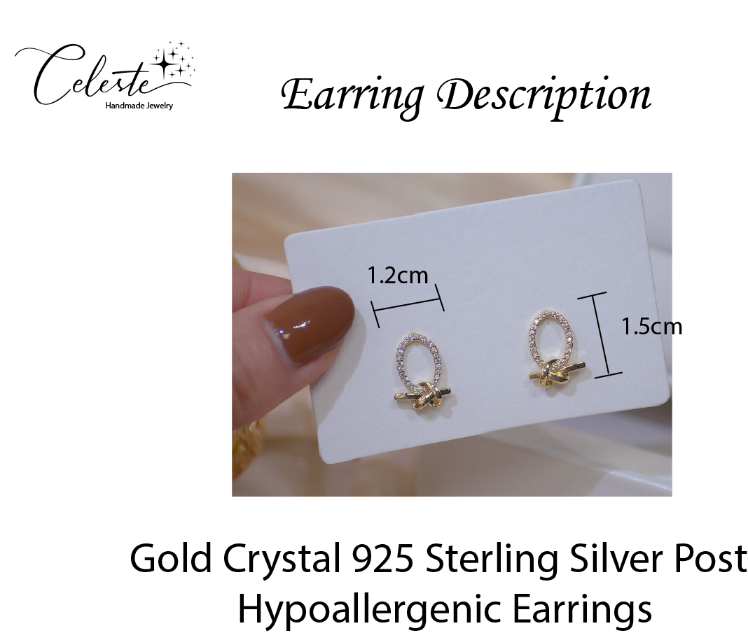 A - Gold Circle Bow Tie Earrings Crystal 925 Sterling Silver post Dainty Earring Gift