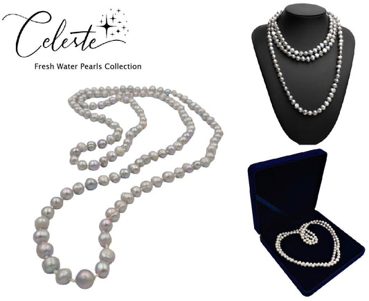 PL - 120cm Real Fresh Water Pearl 925 Silver Necklace Grey Ring Baroque shape Pearl Gift Box Celeste