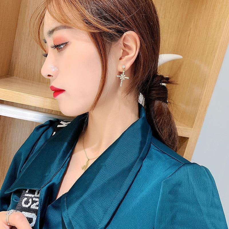 D - Crystal Cross Earrings 925 Sterling Silver Post Hypoallergenic Earring Drop Dangle Gift