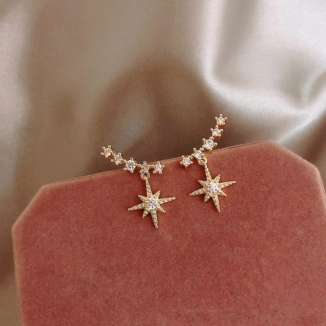 K - Star Burst Earrings Stars Crystal Gold 925 Sterling Silver Post Dainty Gift