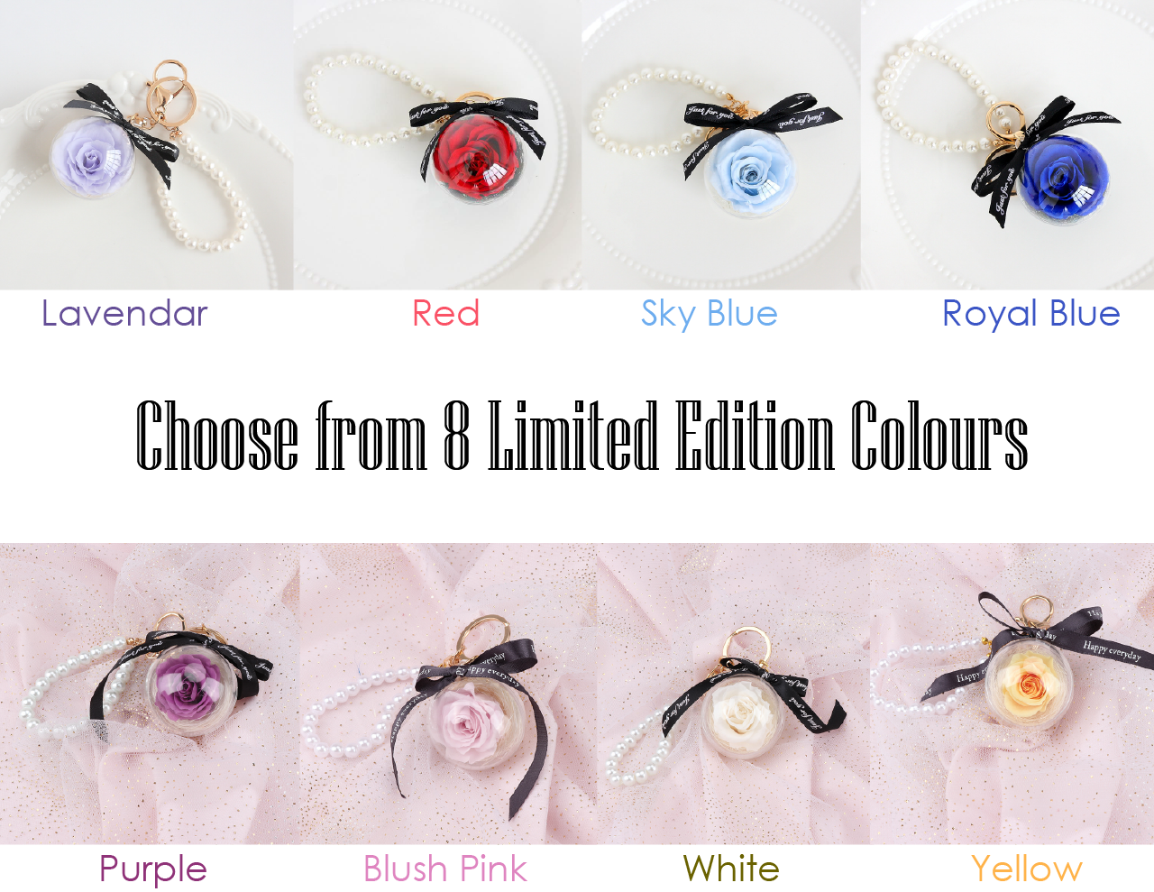 N - Real Preserved Rose Handmade Gift Glass Ball Pearl Hand Bag Charm Keychain Gifts