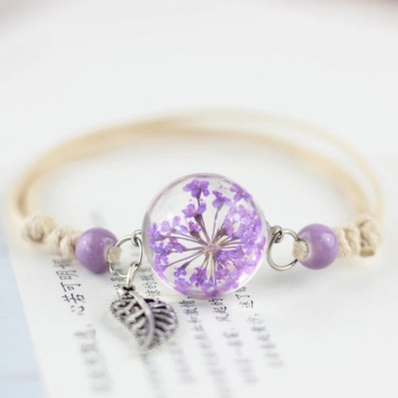 Z - Real Flower Glass Resin bead Preserved Dry Flowers Adjustable Bracelet Boho Friendship Gifts