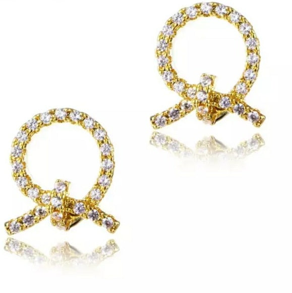 A - Circle Bow Knot 18K Gold plated Diamond Cubic Zirconia Crystal Earrings 925 Sterling Silver Dainty Earring
