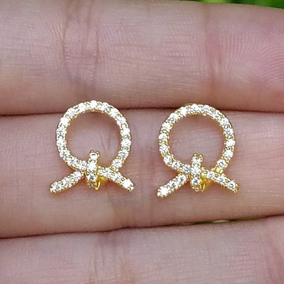A - Circle Bow Knot 18K Gold plated Diamond Cubic Zirconia Crystal Earrings 925 Sterling Silver Dainty Earring
