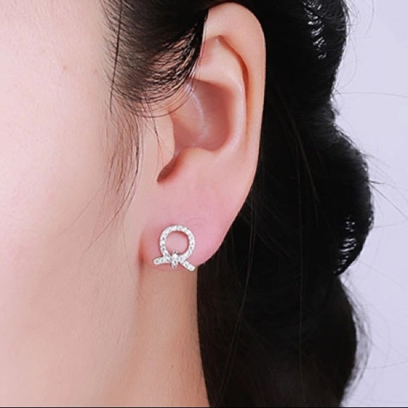 A - Circle Bow Knot 18K Gold plated Diamond Cubic Zirconia Crystal Earrings 925 Sterling Silver Dainty Earring