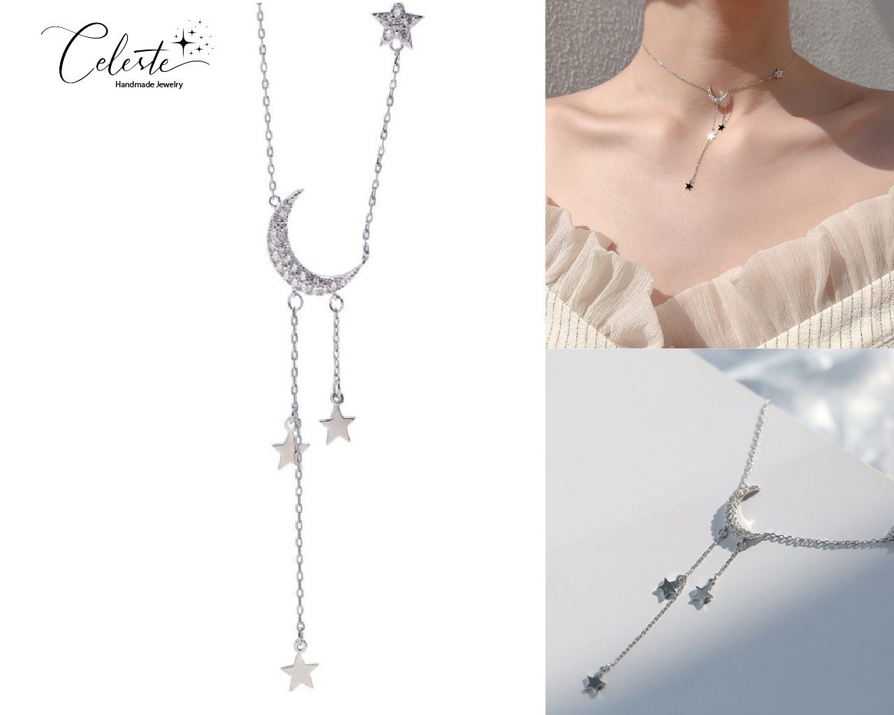 O - Stars & Moon Sterling 925 Silver Jewelry High Shine Crystal Choker chain necklace Gift