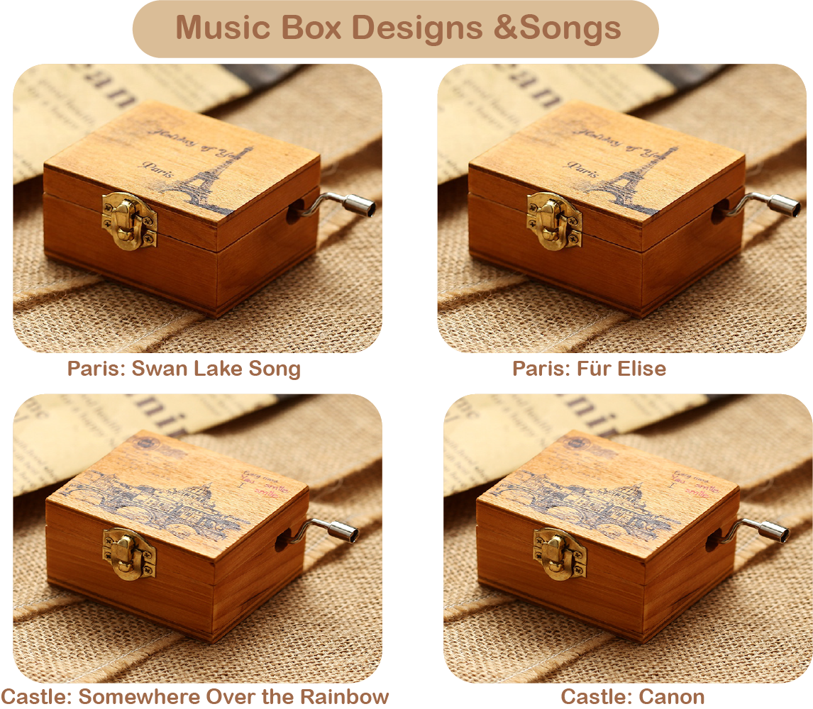 Wood Music Box Handwinde Fun Learning Frozen Eiffle Tower Black Castle Opera Butterfly Heart Lock