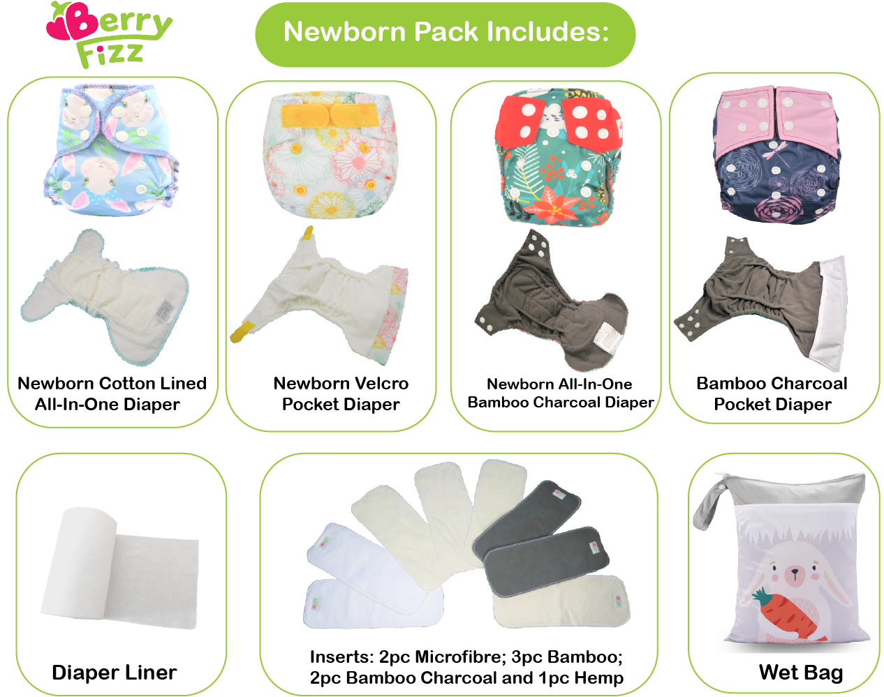 14pc Pack Full Set Newborn Cloth Diaper Pocket & All-In-One AIO, Wet bag, Liner