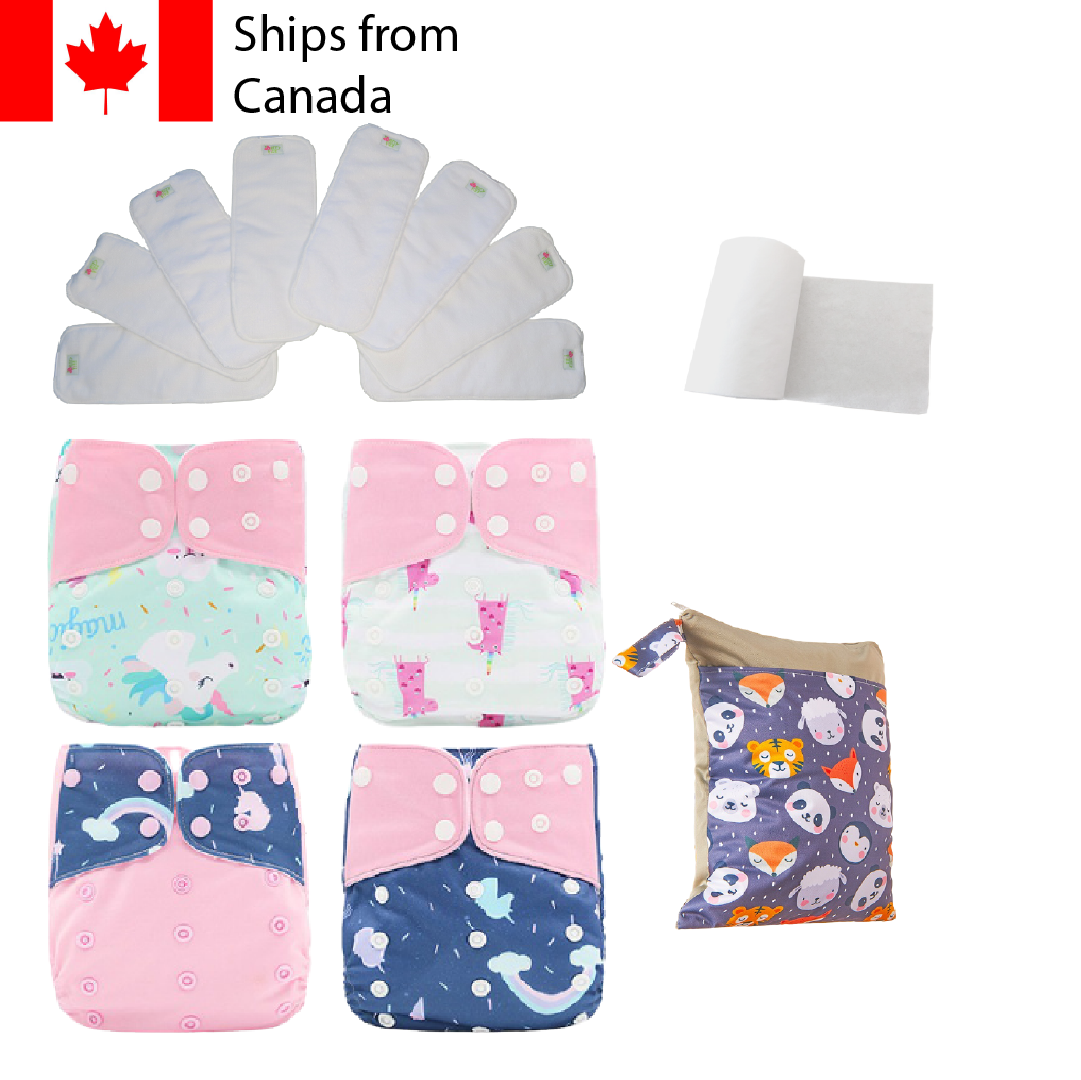 14pc Full Set Pocket Includes: 4pc Cloth Diaper, 8pc Microfleece Liners, 1pc Disposable Diaper liner, and 1pc Wet Bag