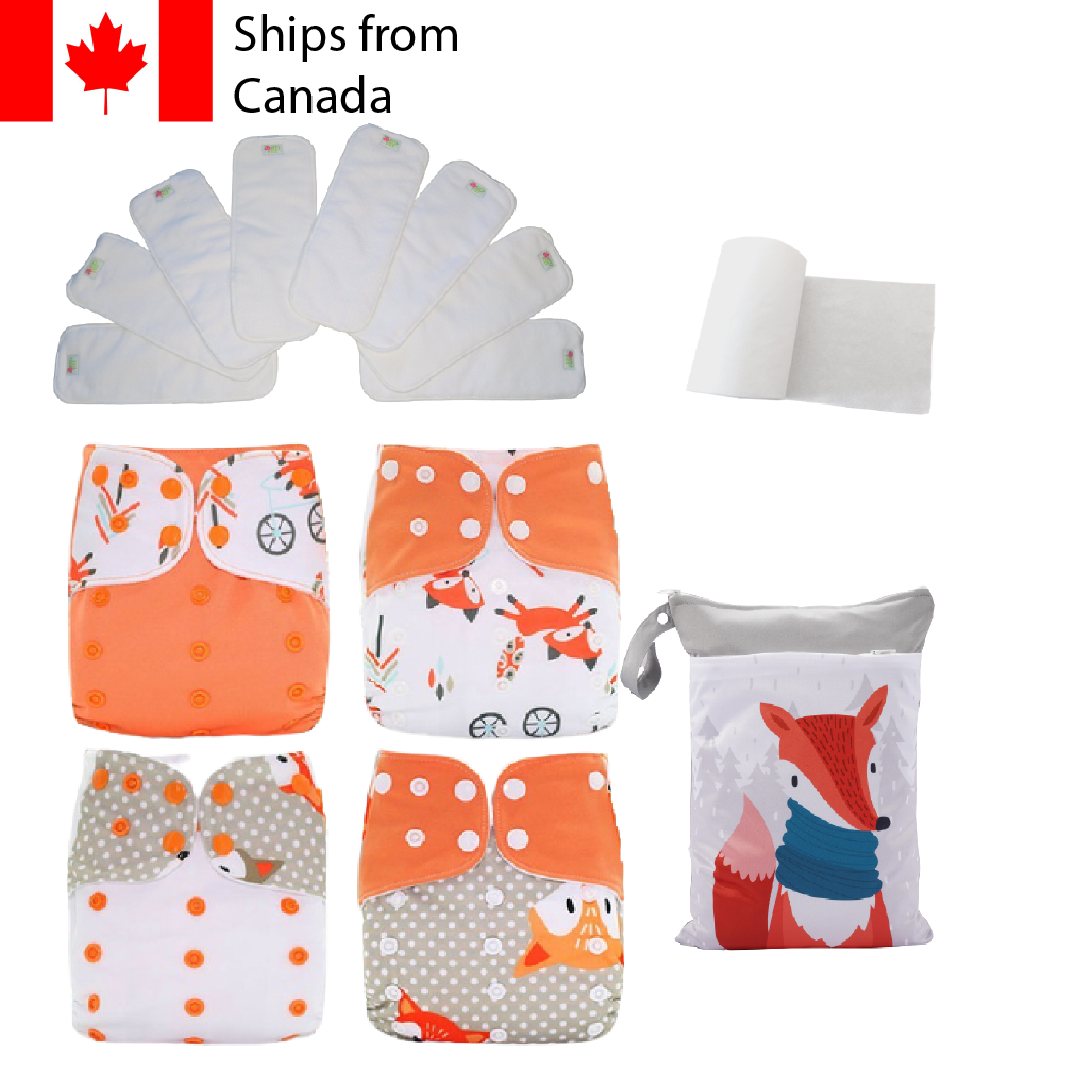 14pc Full Set Pocket Includes: 4pc Cloth Diaper, 8pc Microfleece Liners, 1pc Disposable Diaper liner, and 1pc Wet Bag