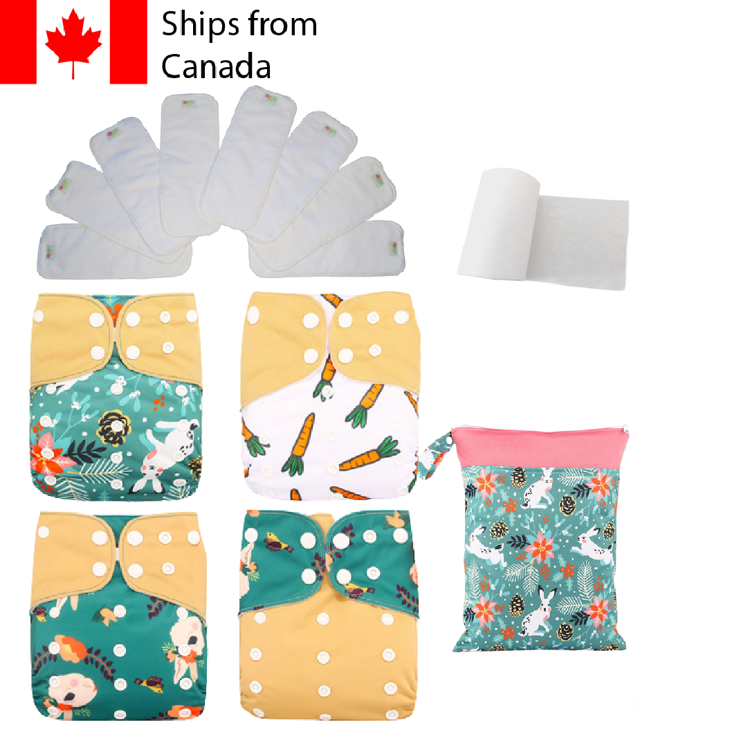 14pc Full Set Pocket Includes: 4pc Cloth Diaper, 8pc Microfleece Liners, 1pc Disposable Diaper liner, and 1pc Wet Bag