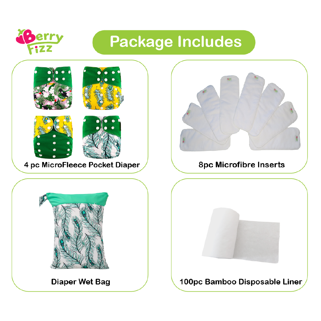 14pc Full Set Pocket Includes: 4pc Cloth Diaper, 8pc Microfleece Liners, 1pc Disposable Diaper liner, and 1pc Wet Bag