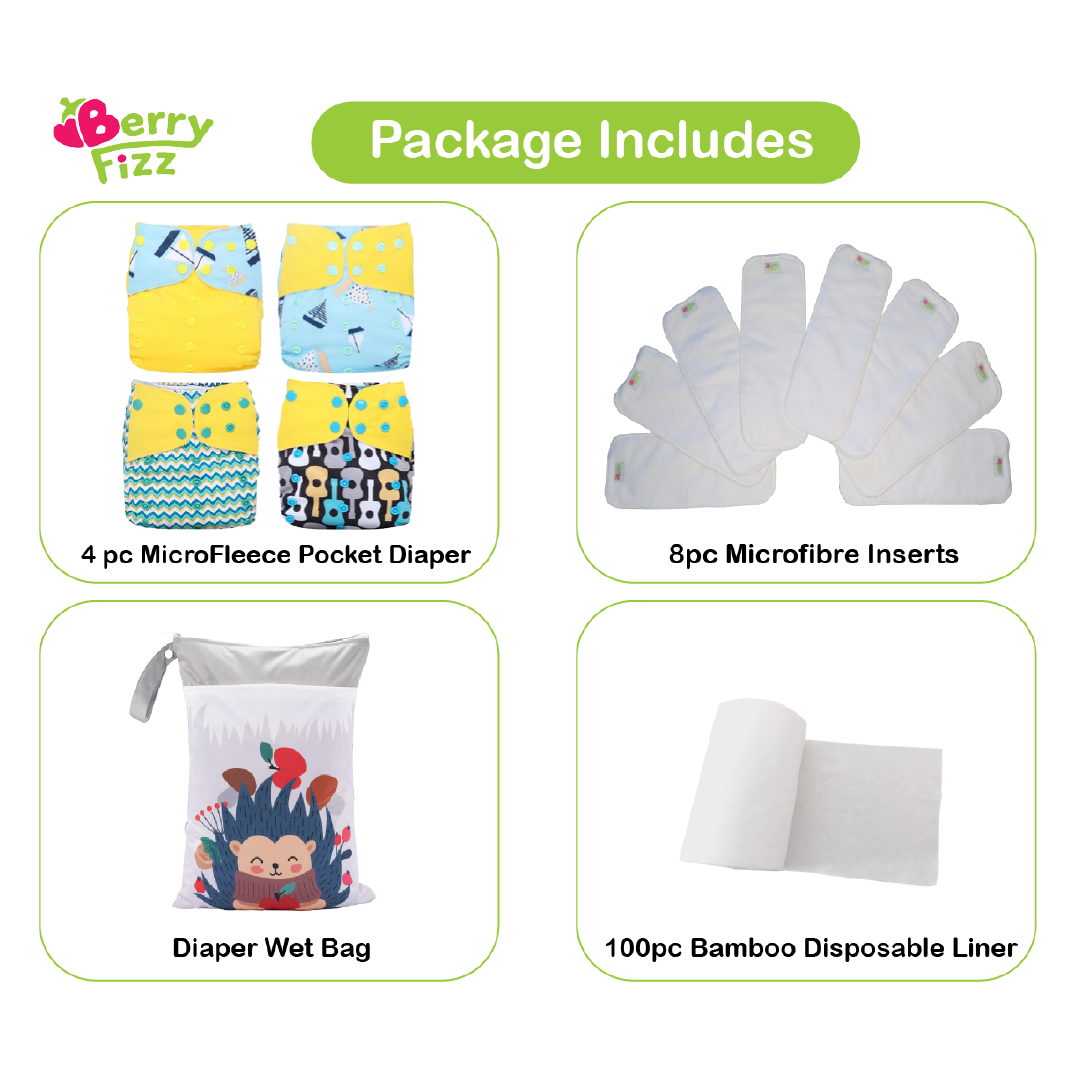 14pc Full Set Pocket Includes: 4pc Cloth Diaper, 8pc Microfleece Liners, 1pc Disposable Diaper liner, and 1pc Wet Bag