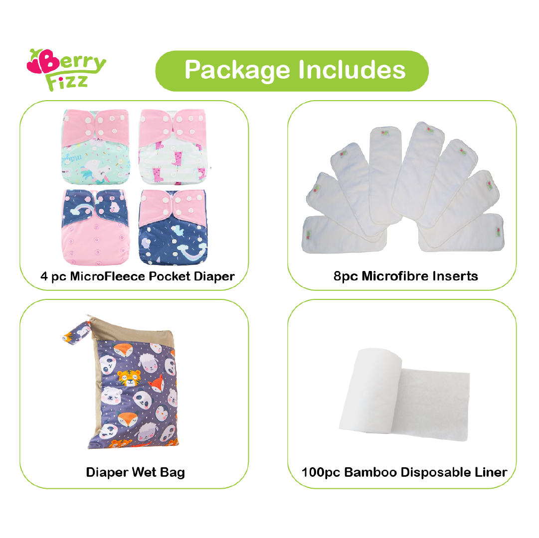 14pc Full Set Pocket Includes: 4pc Cloth Diaper, 8pc Microfleece Liners, 1pc Disposable Diaper liner, and 1pc Wet Bag