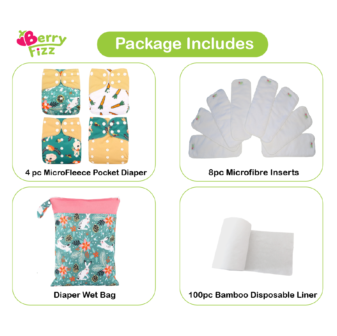 14pc Full Set Pocket Includes: 4pc Cloth Diaper, 8pc Microfleece Liners, 1pc Disposable Diaper liner, and 1pc Wet Bag