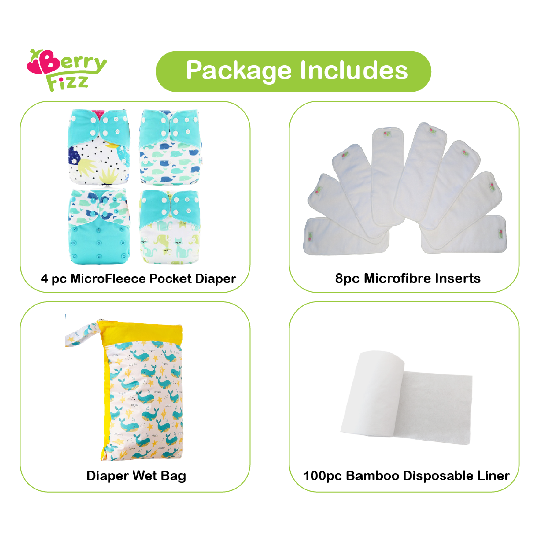 14pc Full Set Pocket Includes: 4pc Cloth Diaper, 8pc Microfleece Liners, 1pc Disposable Diaper liner, and 1pc Wet Bag