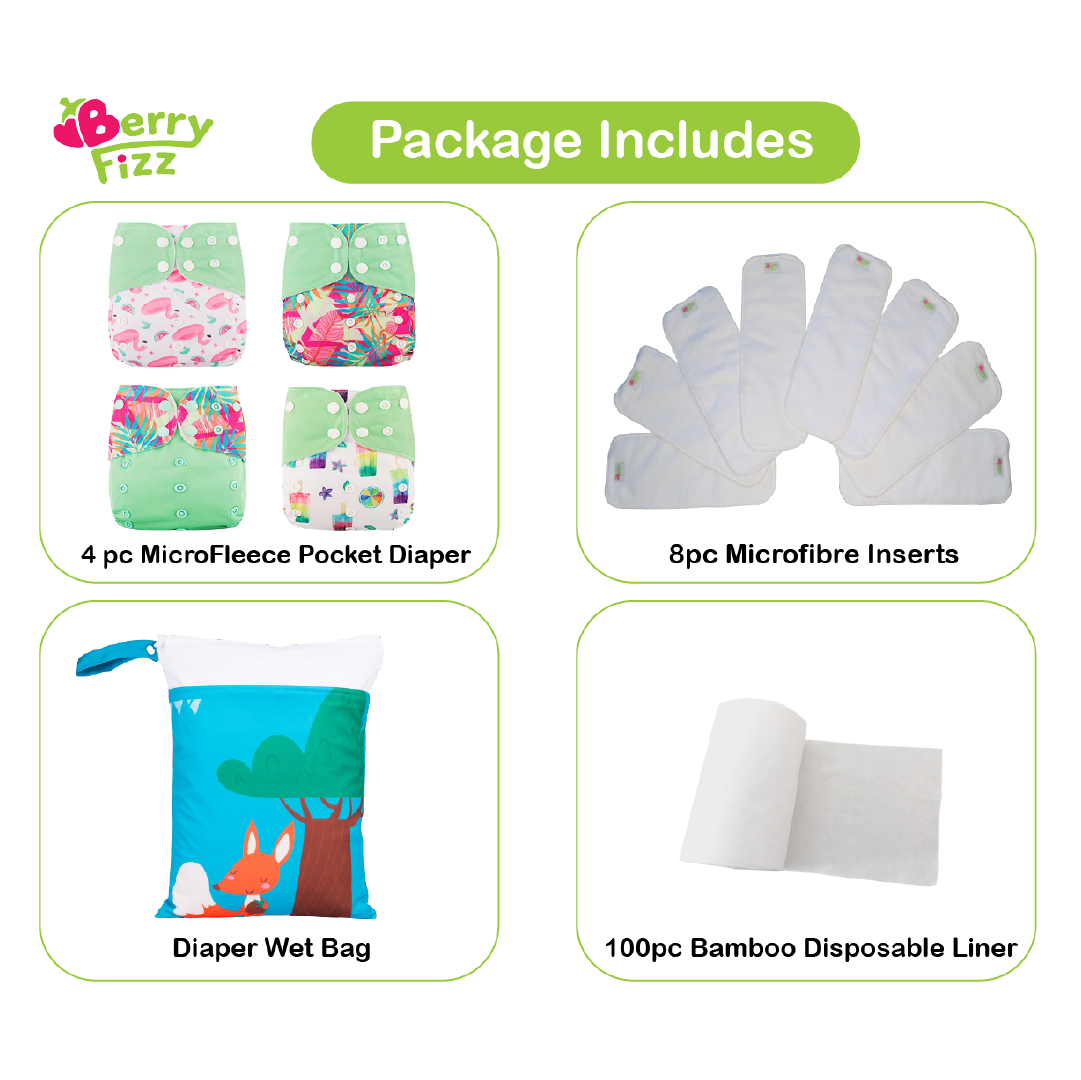 14pc Full Set Pocket Includes: 4pc Cloth Diaper, 8pc Microfleece Liners, 1pc Disposable Diaper liner, and 1pc Wet Bag