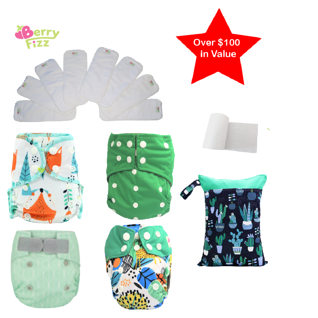 14pc Cloth Diaper Full Set Pocket Includes: 4pc Cloth Diaper, 8pc Insert Liners, 1pc Disposable Diaper liner, and 1pc Wet Bag