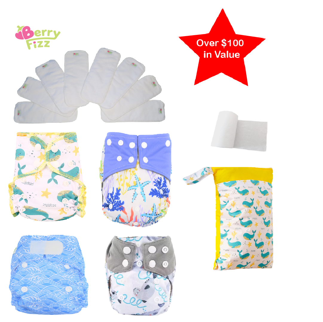 14pc Cloth Diaper Full Set Pocket Includes: 4pc Cloth Diaper, 8pc Insert Liners, 1pc Disposable Diaper liner, and 1pc Wet Bag