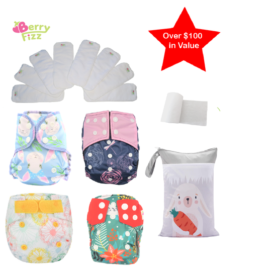 14pc Cloth Diaper Full Set Pocket Includes: 4pc Cloth Diaper, 8pc Insert Liners, 1pc Disposable Diaper liner, and 1pc Wet Bag