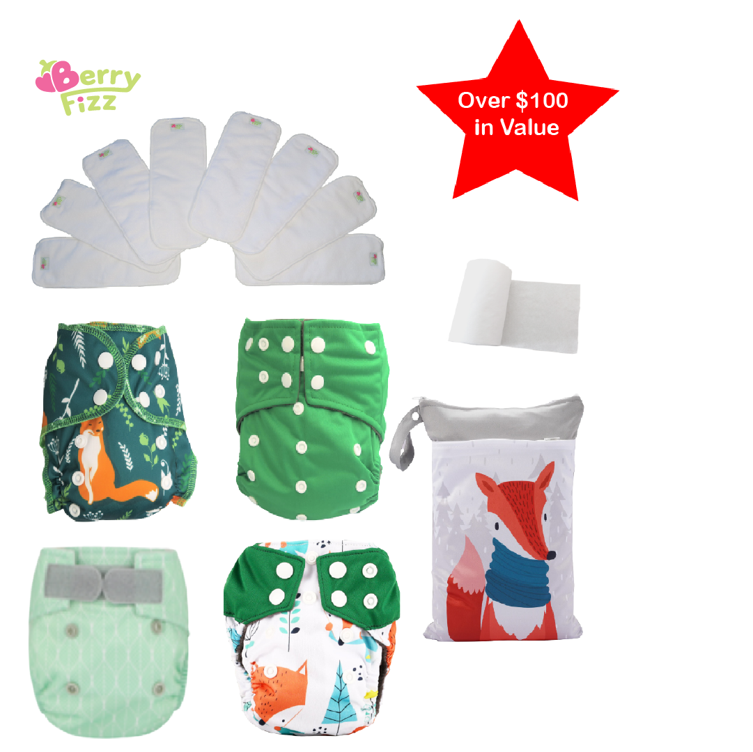 14pc Cloth Diaper Full Set Pocket Includes: 4pc Cloth Diaper, 8pc Insert Liners, 1pc Disposable Diaper liner, and 1pc Wet Bag