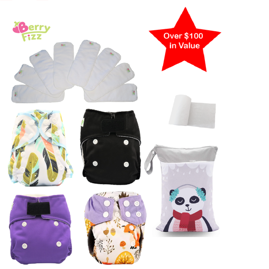 14pc Cloth Diaper Full Set Pocket Includes: 4pc Cloth Diaper, 8pc Insert Liners, 1pc Disposable Diaper liner, and 1pc Wet Bag