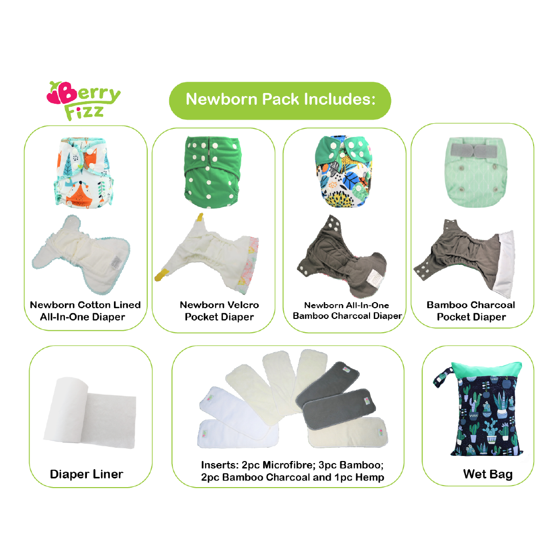 14pc Cloth Diaper Full Set Pocket Includes: 4pc Cloth Diaper, 8pc Insert Liners, 1pc Disposable Diaper liner, and 1pc Wet Bag