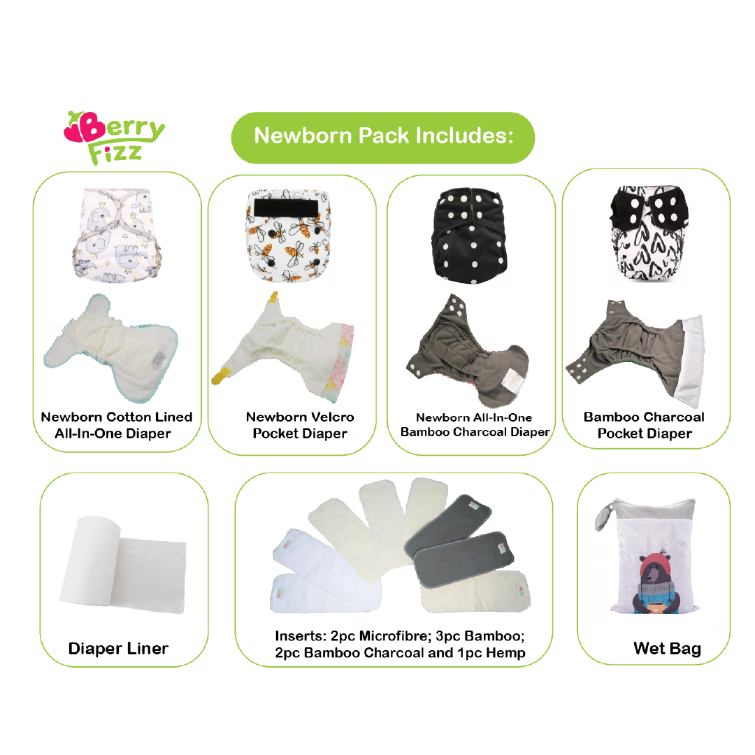 14pc Cloth Diaper Full Set Pocket Includes: 4pc Cloth Diaper, 8pc Insert Liners, 1pc Disposable Diaper liner, and 1pc Wet Bag