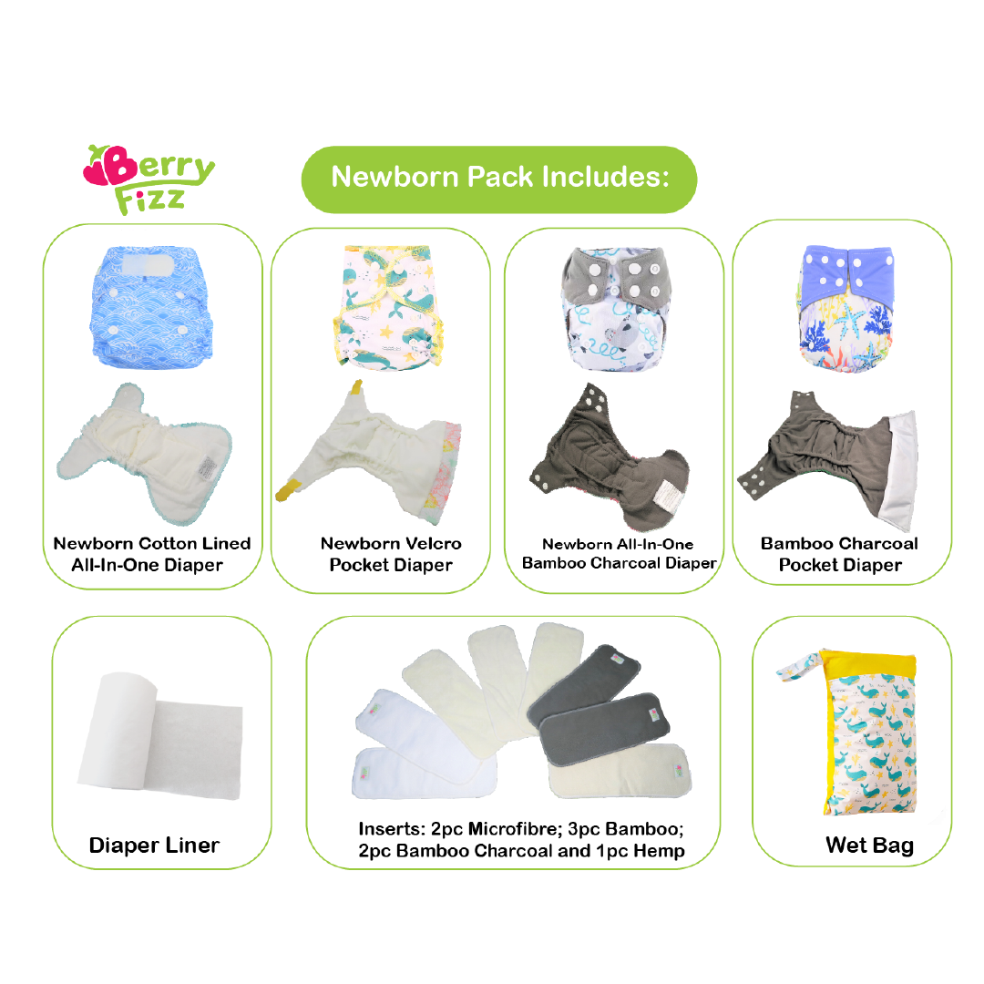 14pc Cloth Diaper Full Set Pocket Includes: 4pc Cloth Diaper, 8pc Insert Liners, 1pc Disposable Diaper liner, and 1pc Wet Bag