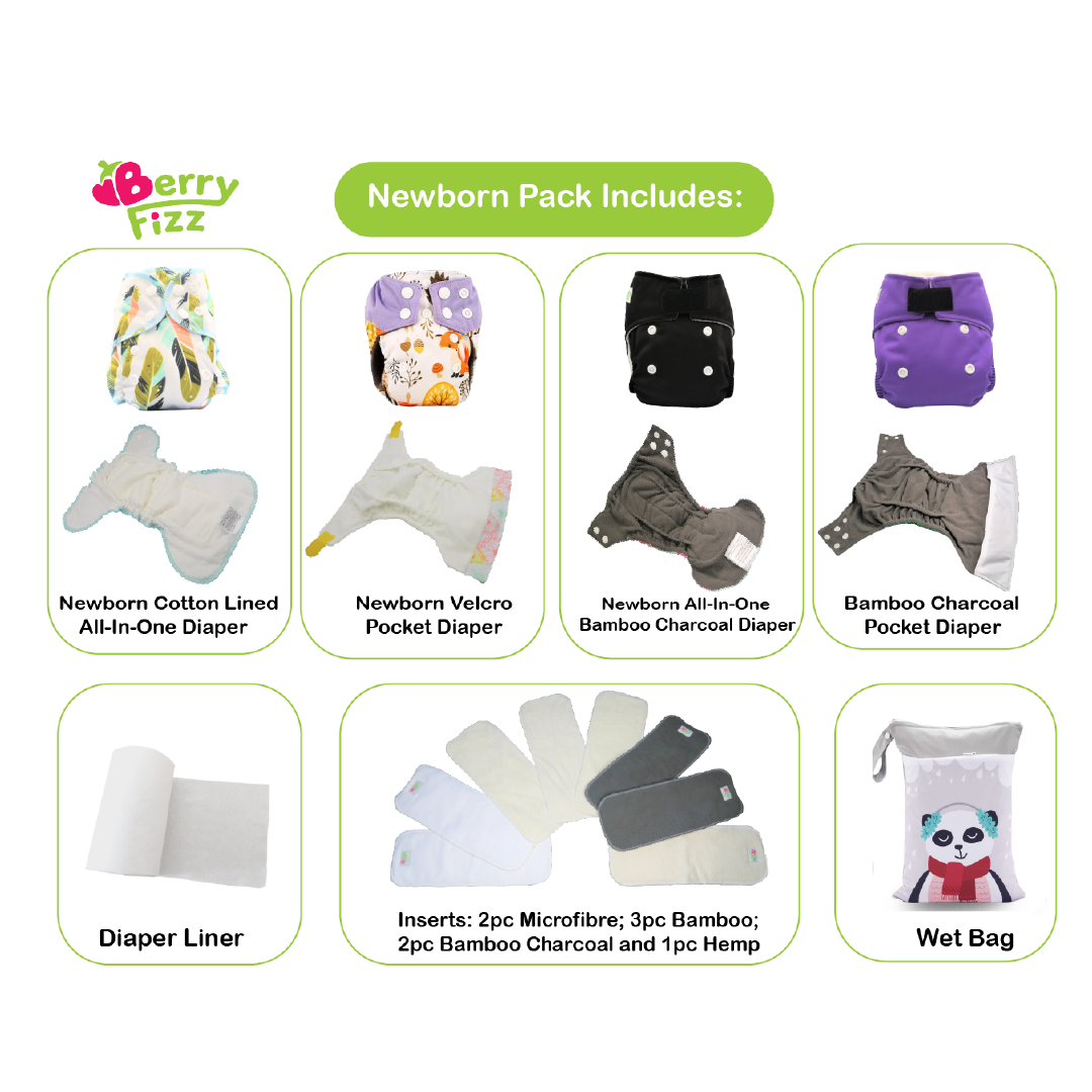 14pc Cloth Diaper Full Set Pocket Includes: 4pc Cloth Diaper, 8pc Insert Liners, 1pc Disposable Diaper liner, and 1pc Wet Bag