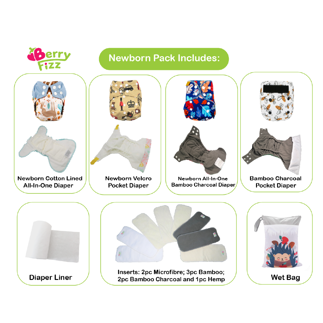 14pc Cloth Diaper Full Set Pocket Includes: 4pc Cloth Diaper, 8pc Insert Liners, 1pc Disposable Diaper liner, and 1pc Wet Bag