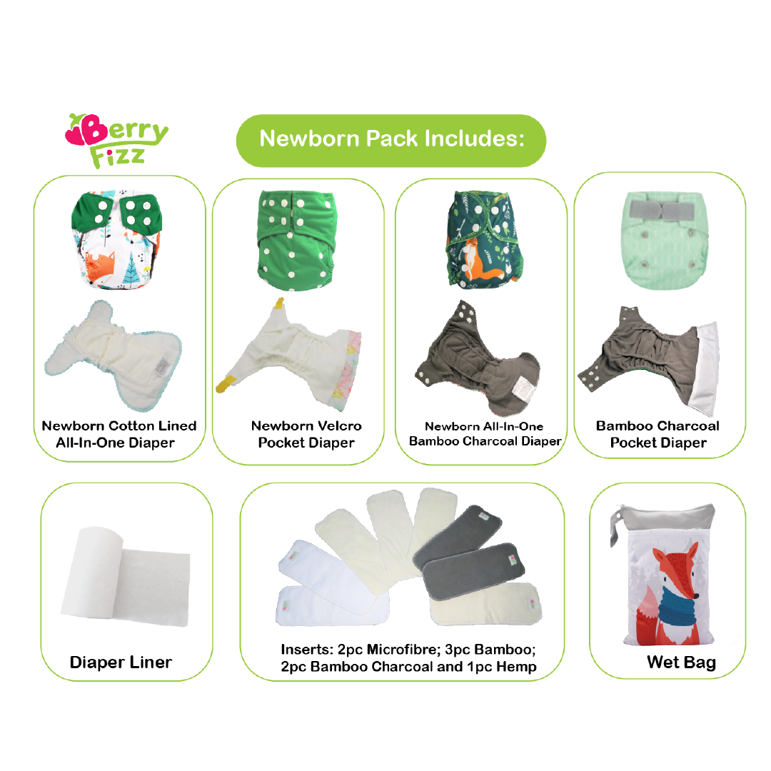 14pc Cloth Diaper Full Set Pocket Includes: 4pc Cloth Diaper, 8pc Insert Liners, 1pc Disposable Diaper liner, and 1pc Wet Bag